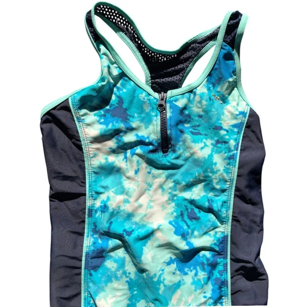 Zero Xposur girl's 14 one piece swimsuit green blue tie dye zip front racerback‎